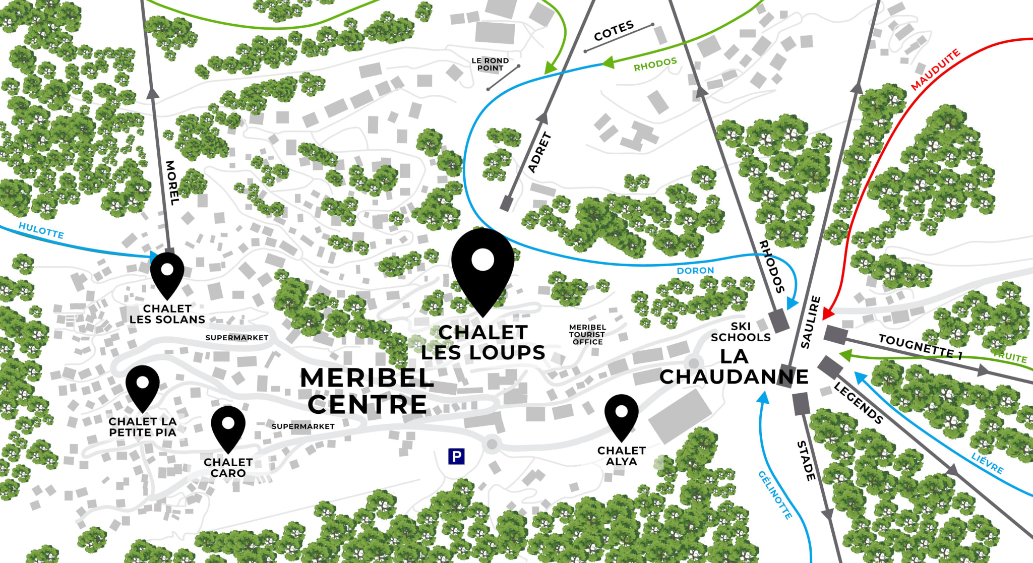 Map showing the location of Meribel luxury chalet Les Loups